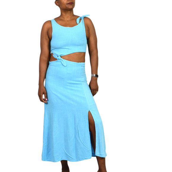 Sundays Tie Shoulder Midi Dress Blue Cutouts Midriff Hemp Slit Two Piece Small - Picture 1 of 12